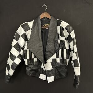 Vintage Checkered Leather Jacket Black & White Twins USA S Moto Retro Patchwork